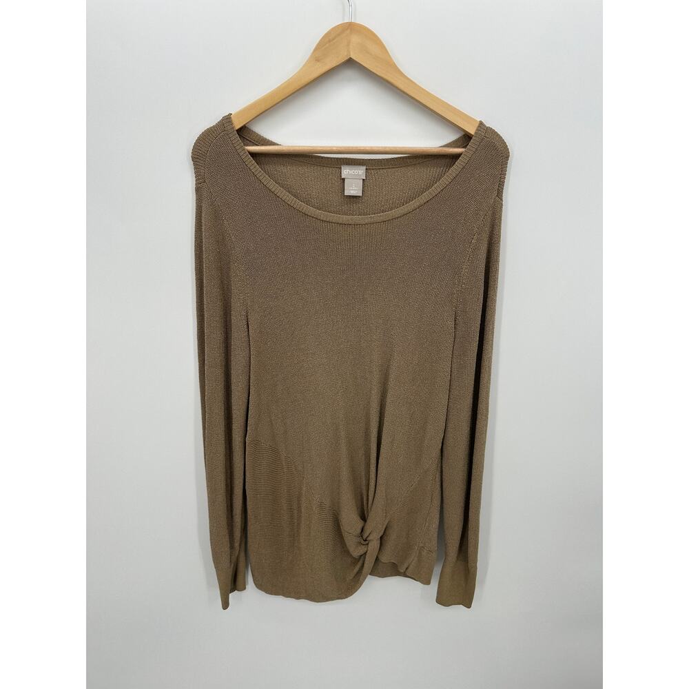 Chico's Twist Front Sweater Size 2 US L Tan Lightweight Knit Long Sleeve